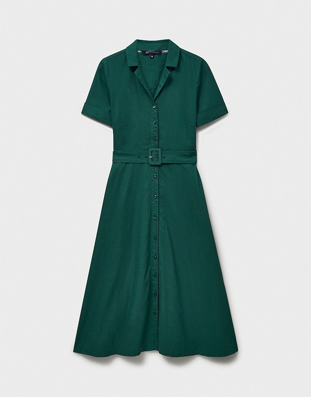 Crew Clothing Ava Linen Blend Shirt Dress in teal, a short-sleeve dress with a belted waist and button-down front