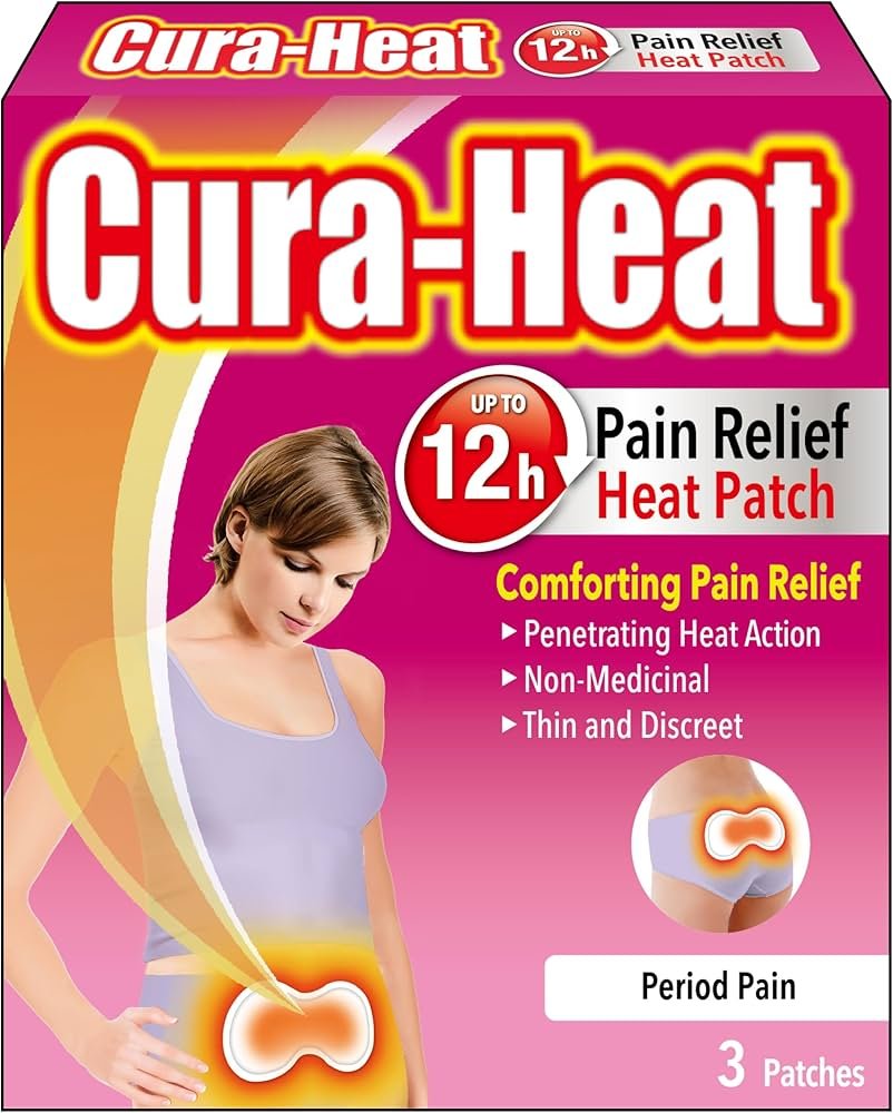 Cura-Heat Period Pain heat patches 3 pack for targeted menstrual cramp relief.