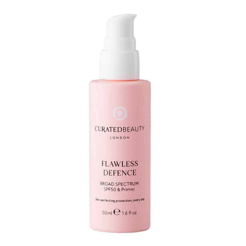 Curated Beauty's Flawless Defence primer in a pink bottle with a white pump, labelled SPF 50