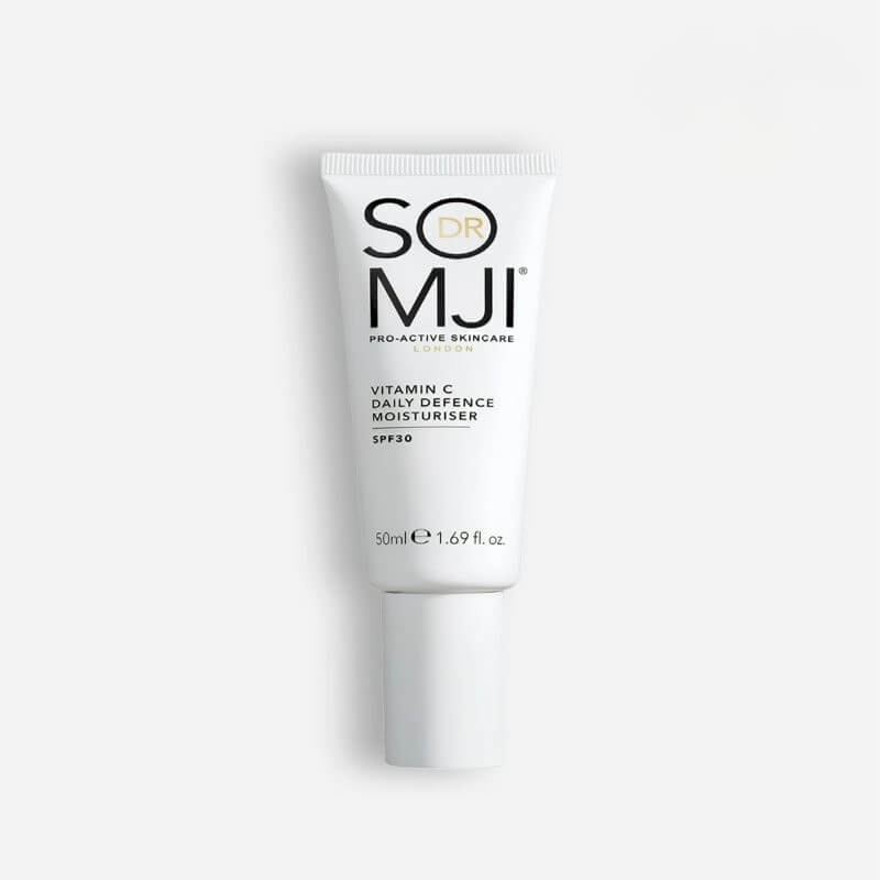 SOMJI Vitamin C Daily Defence Moisturiser in a white tube with SPF 30