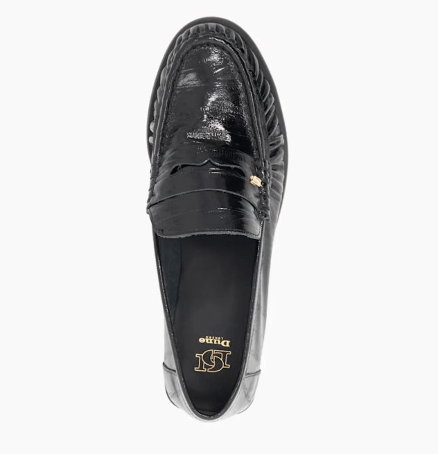 Dune Grisella Black Leather Slip On Ruched Toe Loafers against a plain background
