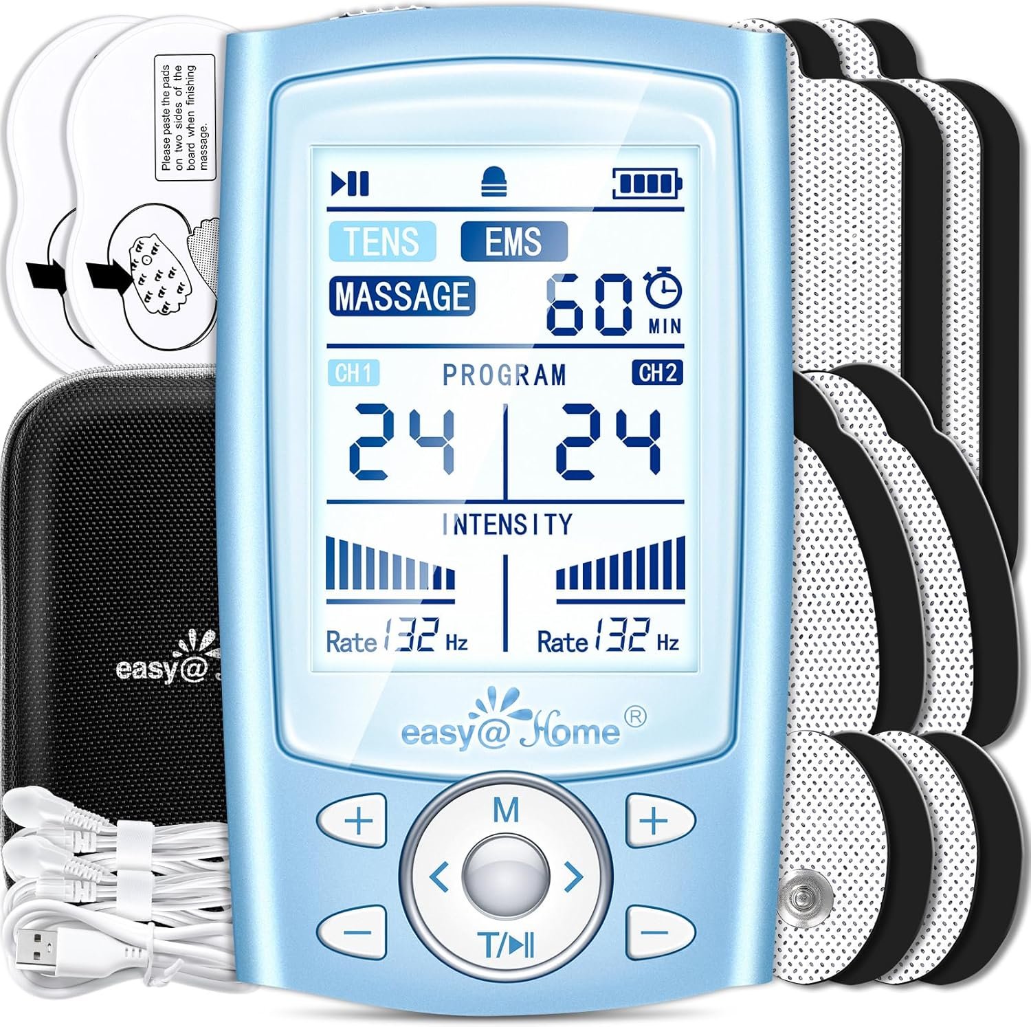 Easy@Home rechargeable TENS and EMS muscle stimulator with dual-channel pain relief and 24 modes.