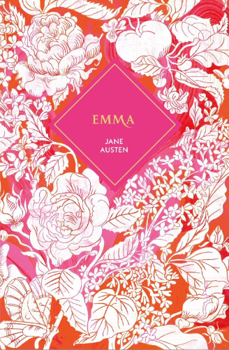 Cover of Emma by Jane Austen, decorated with bold pink and red floral illustrations surrounding a central diamond-shaped title panel. The elegant, romantic design reflects the novel’s witty exploration of matchmaking, class, and self-awareness in Regency England.