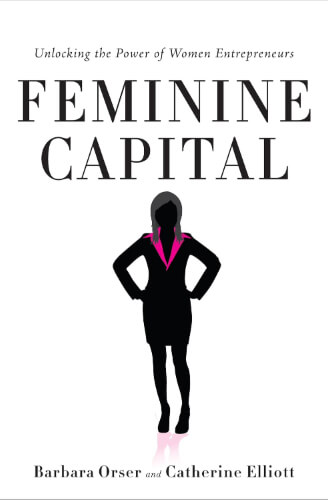 Cover of “Feminine Capital: Unlocking the Power of Women Entrepreneurs,” featuring a black illustration of a woman with a bright pink scarf and hands on hips on a white background, with the title in bold black elegant capital letters and the authors’ names below.
