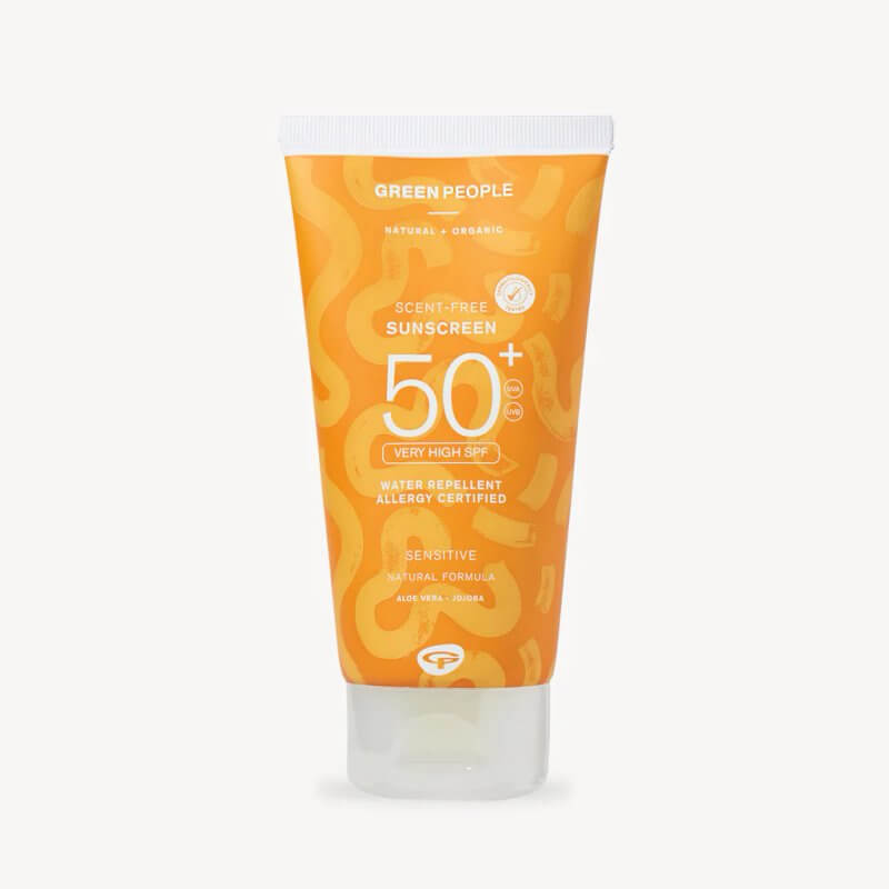 Green People scent-free sunscreen in a vibrant orange tube with SPF 50 label and natural ingredients