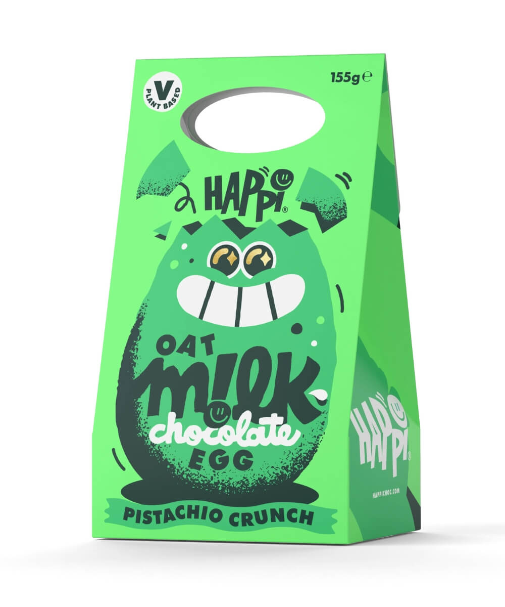Happi oat milk chocolate Easter egg - new pistachio crunch Easter egg - in bright green plant-based packaging with cartoon egg design