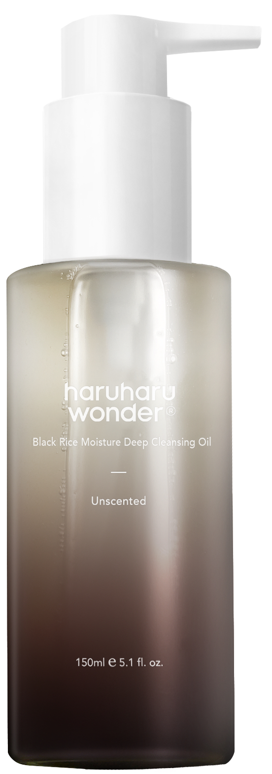 A frosted pump bottle of Haruharu Wonder Black Rice Moisture Deep Cleansing Oil unscented with a gradient from light beige to dark brown and labelled 150 ml