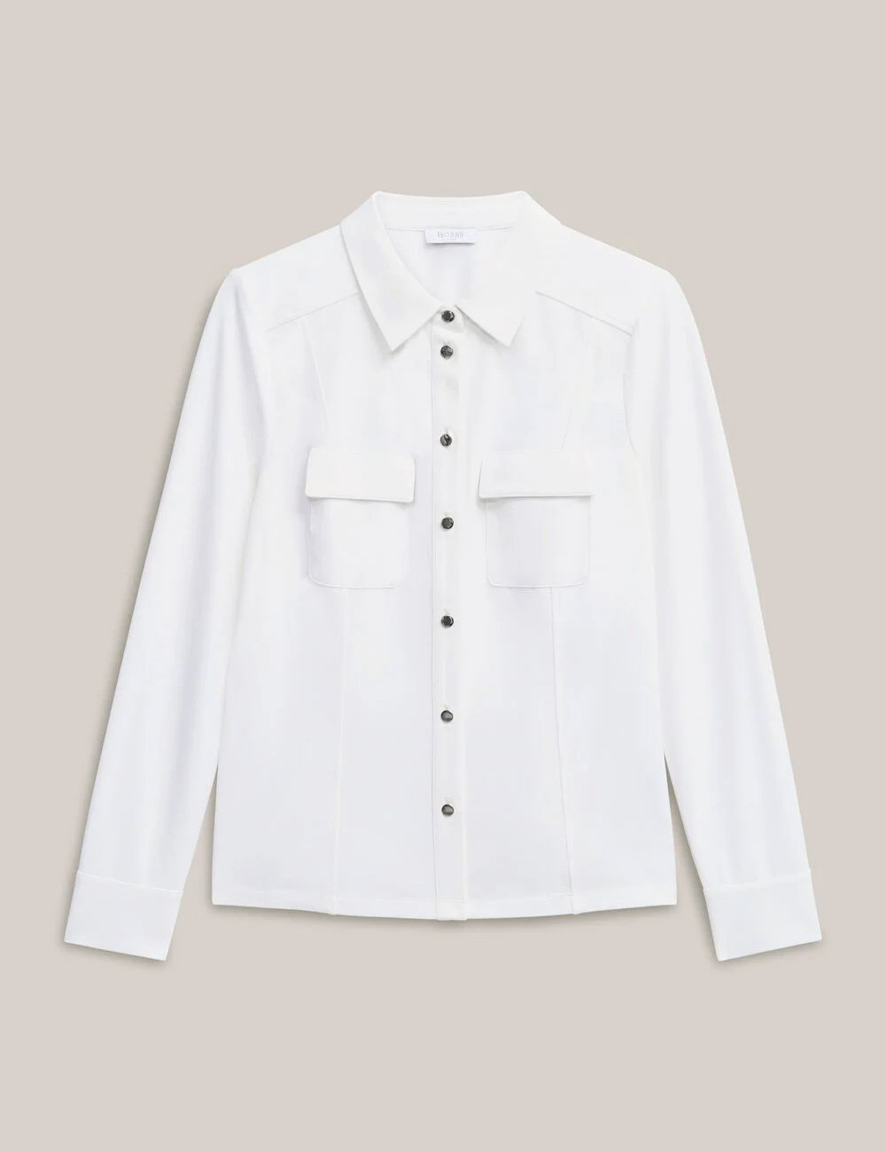 Hobbs Rosana seamed shirt in ivory with long sleeves, button front and dual chest pockets on a neutral background