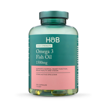 Tub of Holland & Barrett Omega 3 Fish Oil 1500mg containing 120 capsules.