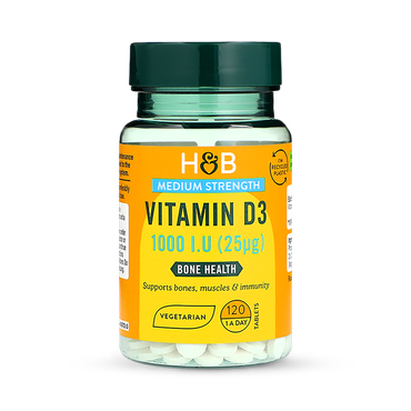 Tub of Holland & Barrett Vitamin D3 25µg (1000 IU) tablets.