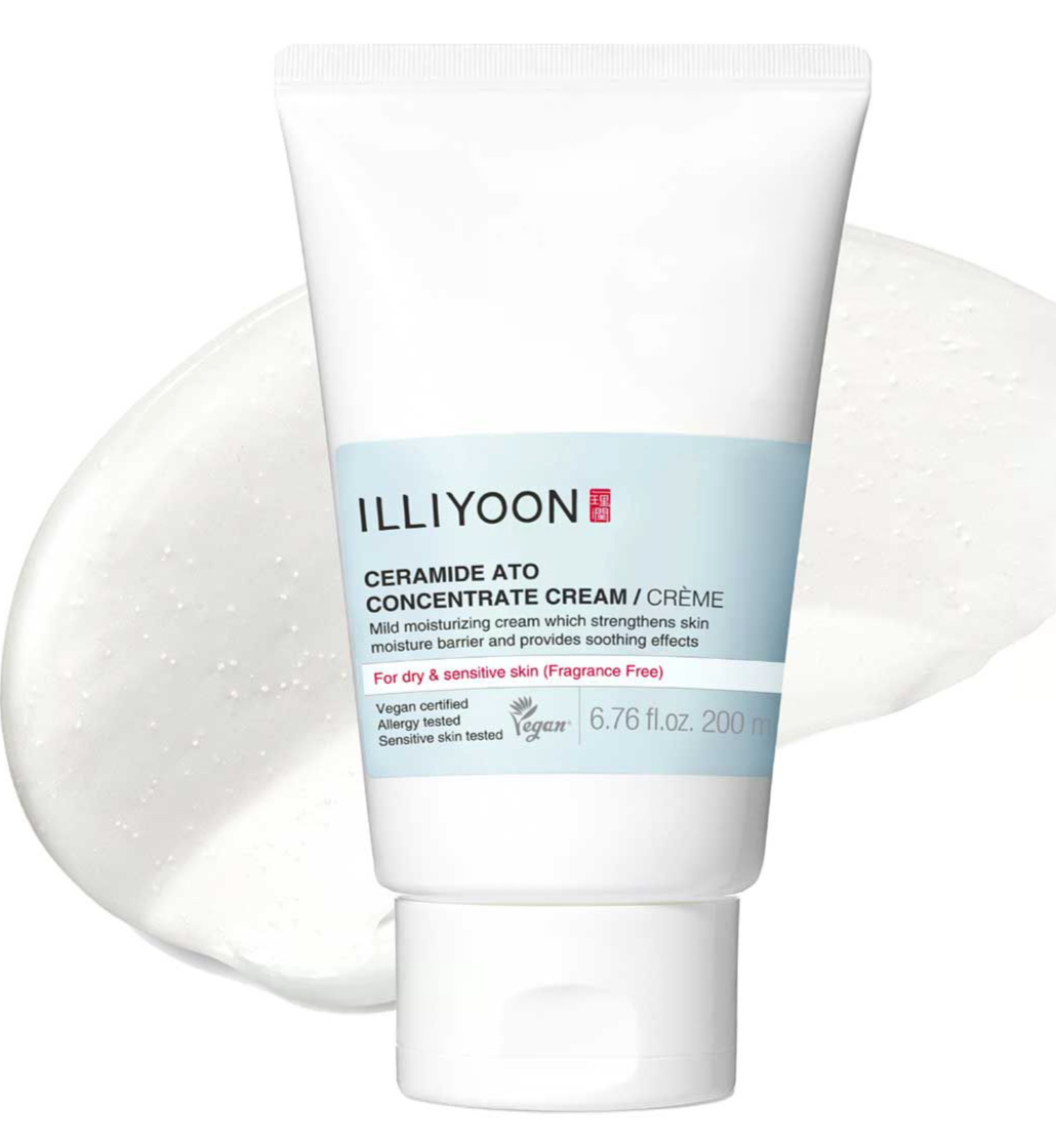 Illiyoon Ceramide Aty Concentrate Cream against a swatch of the cream on a white background.