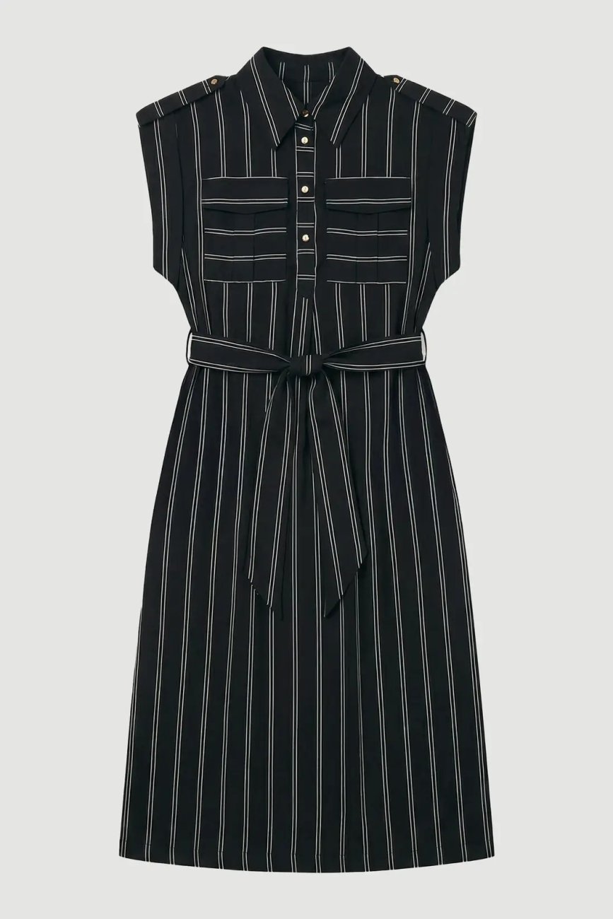 Karen Millen bold stripe cotton woven maxi shirt dress in black with white vertical stripes, button front and waist tie belt