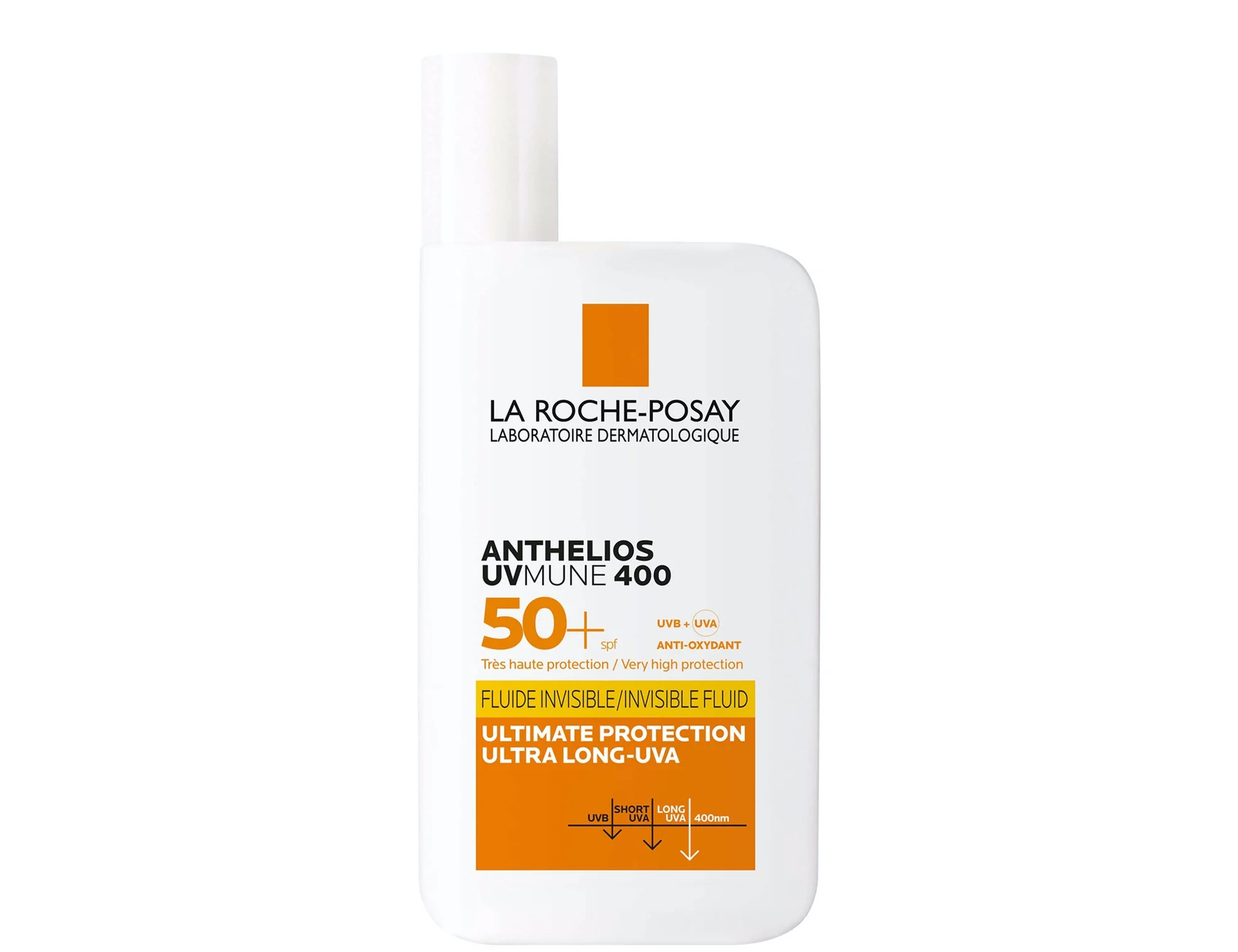 A white and orange bottle of La Roche Posay Anthelios Fluid SPF 50+