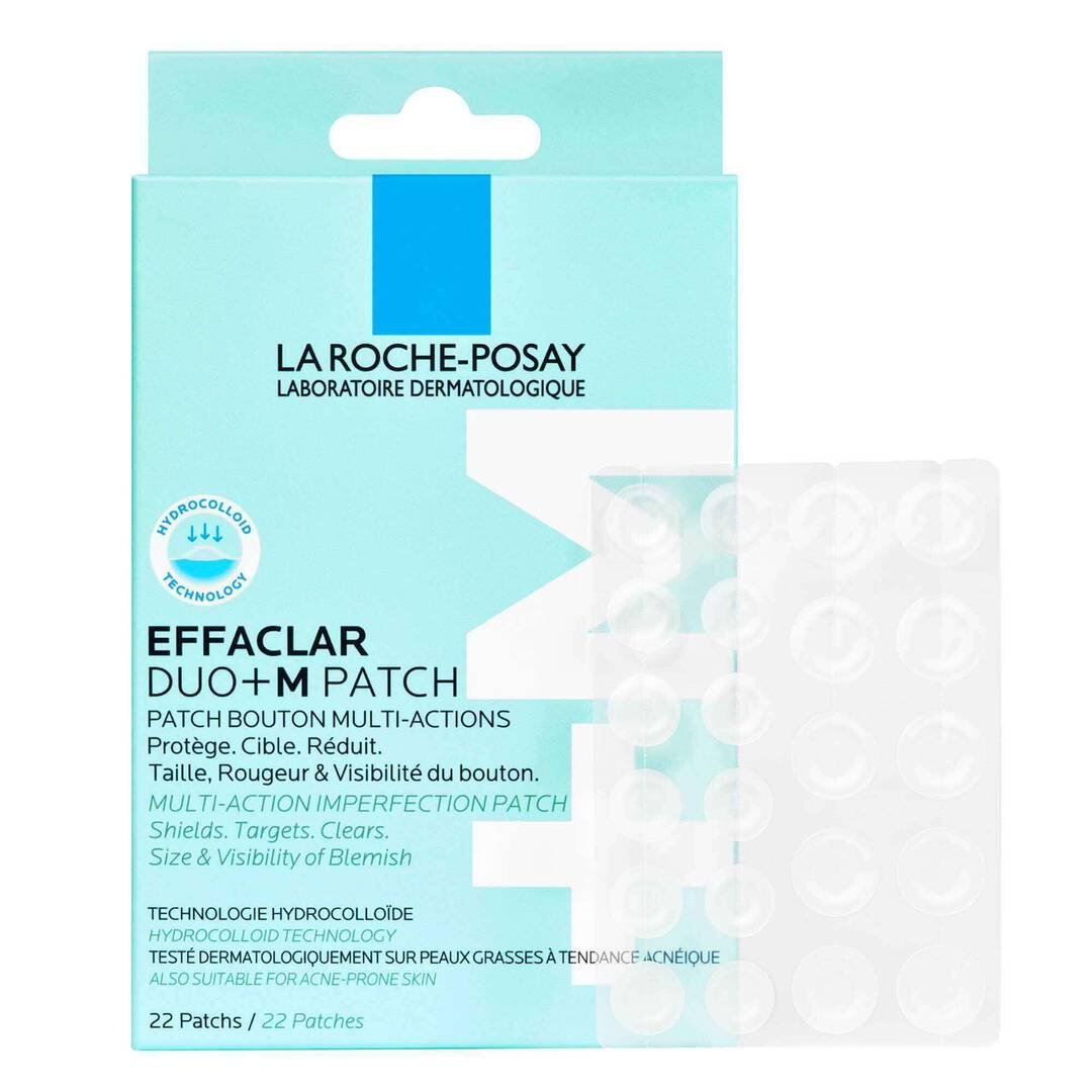 La Roche-Posay Effaclar Duo+M Patch packaging with 22 patches for blemish protection and visibility reduction
