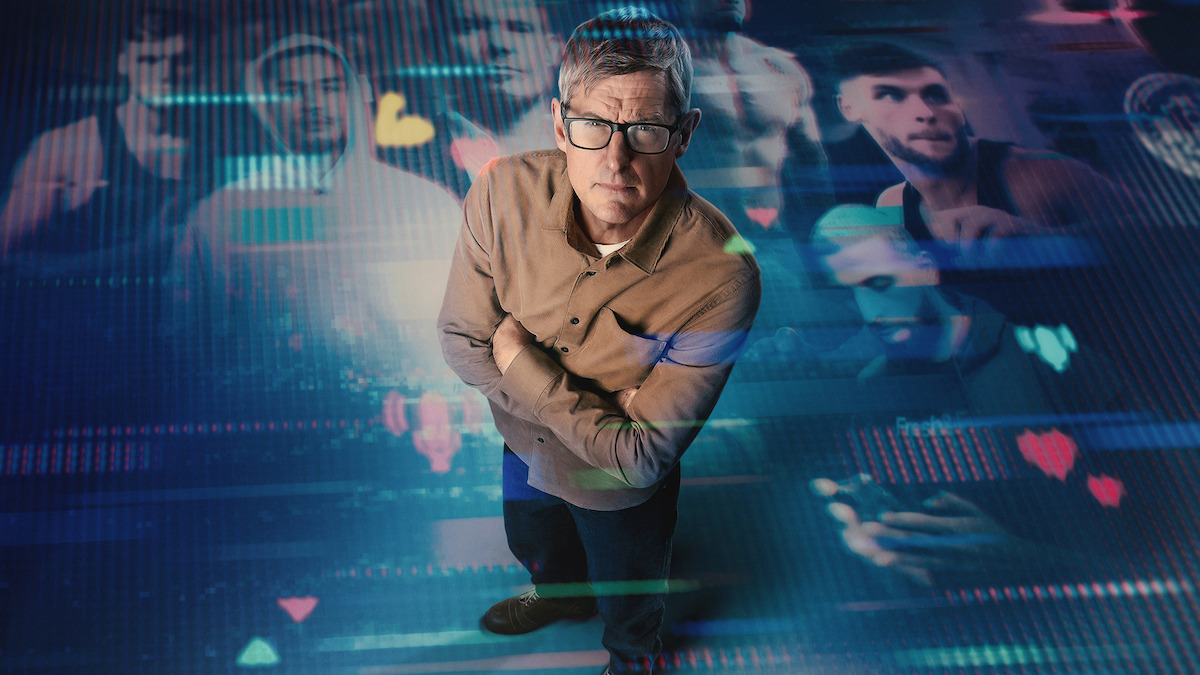 Louis Theroux surrounded by digital screens of online influencers in Inside the Manosphere, his Netflix documentary exploring manosphere culture and its impact on young men.