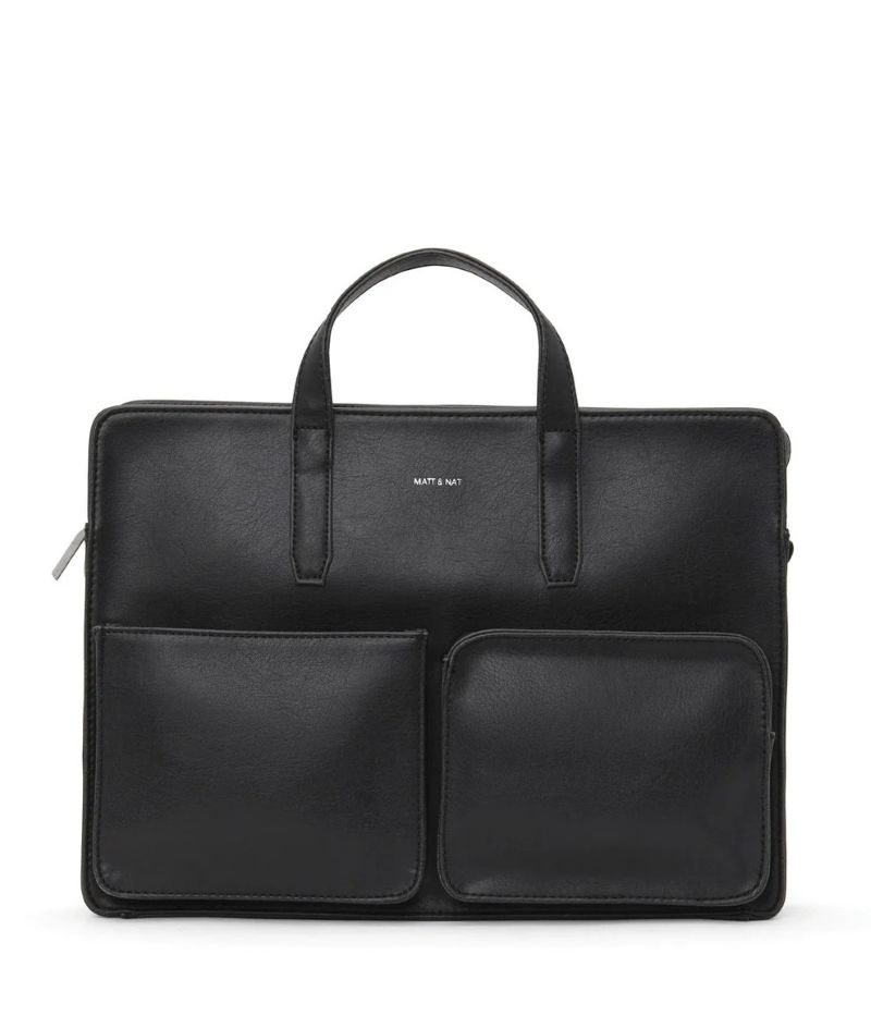 Matt & Nat Soren vegan briefcase in vintage black with dual front pockets and structured top handles. This professional laptop bag combines sleek design with functional storage for work essentials.