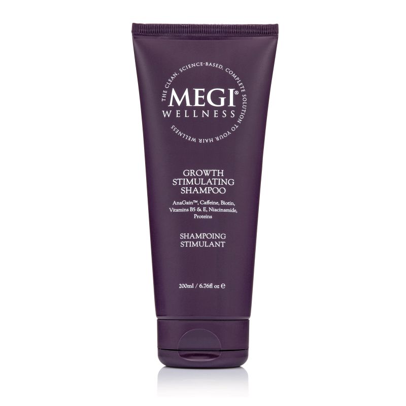 Purple tube of Megi Wellness Growth Stimulating Shampoo with key ingredient labels