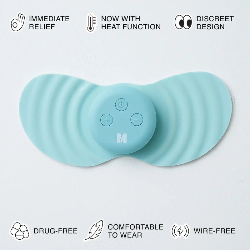 Myoovi wireless TENS period pain relief device for drug-free menstrual cramp relief.