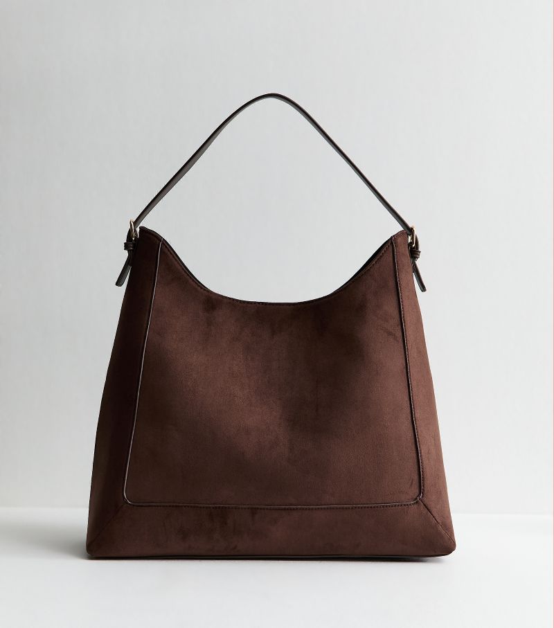 New Look dark brown faux suede scoop top tote bag with structured base and adjustable shoulder strap.