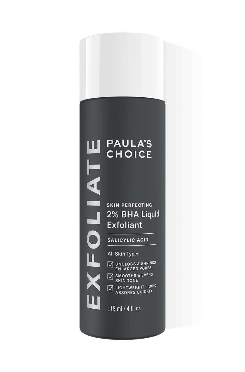 A grey bottle of Paula's Choice Liquid Exfoliant Toner 2% BHA Salicylic Acid with a white lid