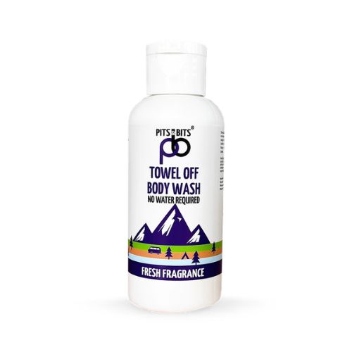 White bottle of Pits & Bits towel-off body wash with mountain and camping graphics