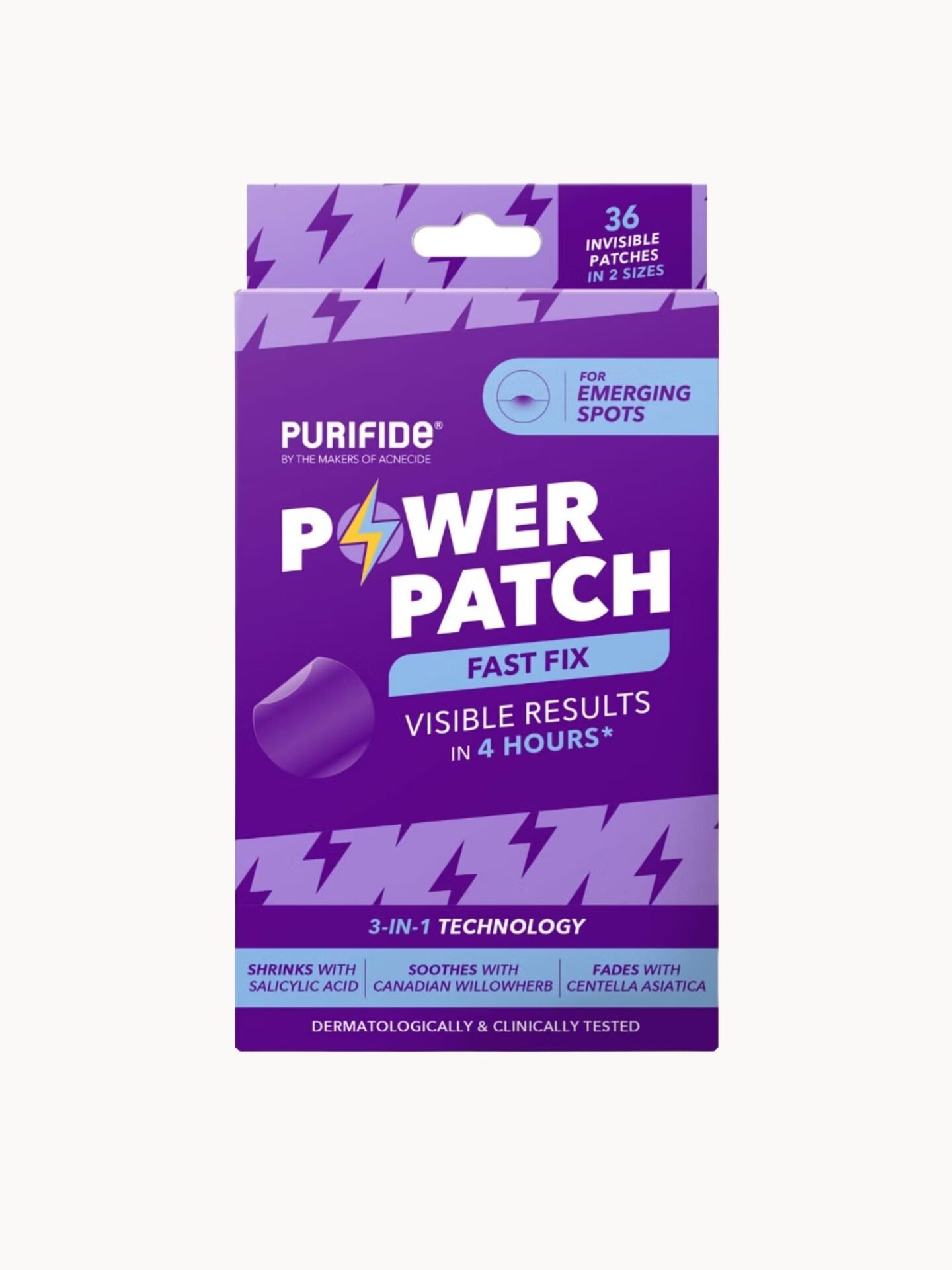 Purple box of Power Patch Fast Fix by Purifide, containing 36 invisible patches for emerging spots, with text indicating visible results in 4 hours and mentioning 3-in-1 technology