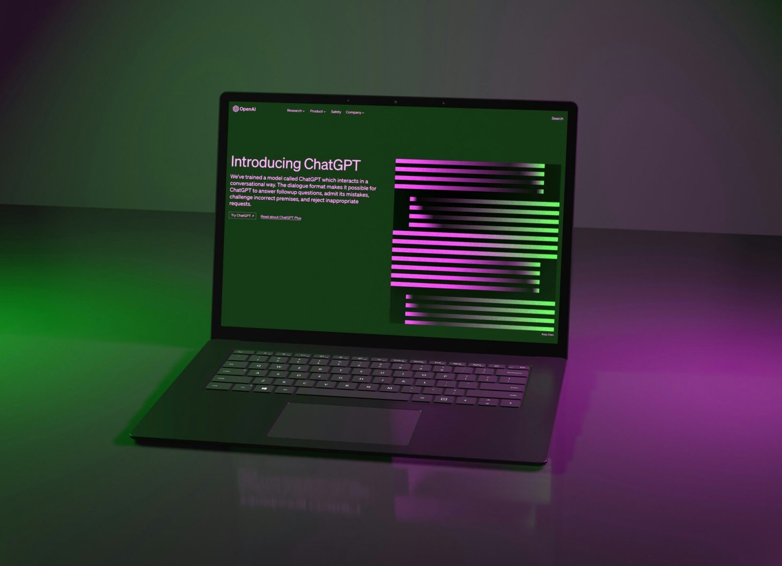 A laptop displayed against a vibrant green and purple background, showcasing a modern and colourful workspace showcasing ChatGPT