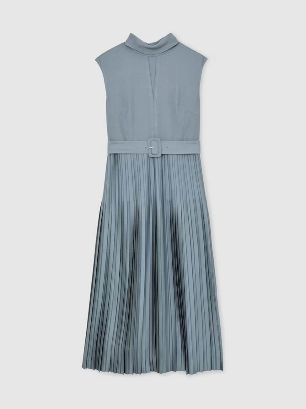 Reiss Ania Roll-Neck Belted Pleated Midi Dress in Blue, a blue pleated midi dress with a roll neck and belt