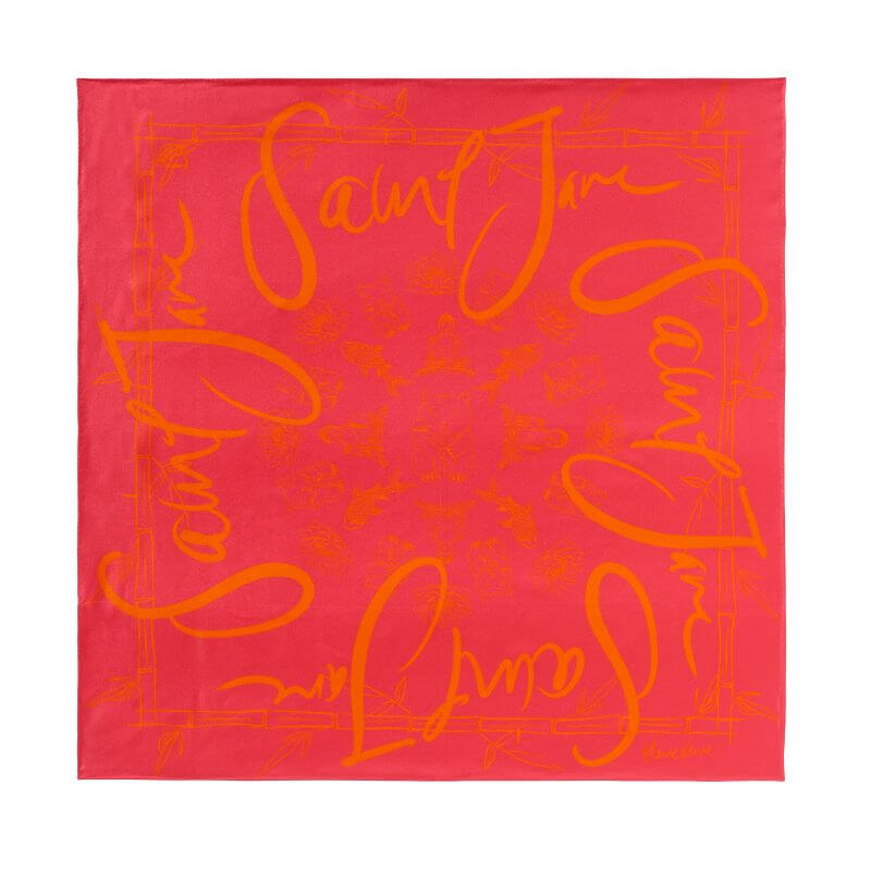 Saint Jane vibrant fuchsia scarf with the brand name in orange cursive writing, surrounded by a decorative border