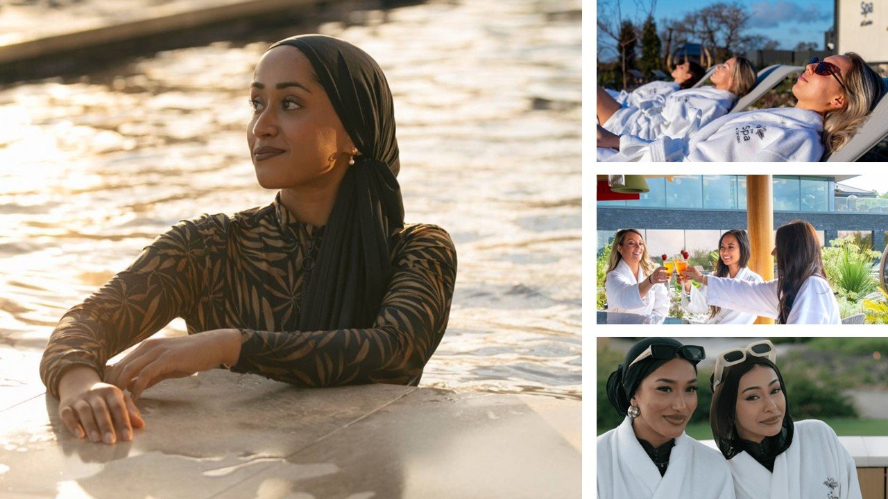 A collage showing women in robes and swimwear at The Spa at Carden Park's women-only wellness day, including a woman in a pool, others relaxing on lounge chairs, and friends toasting drinks