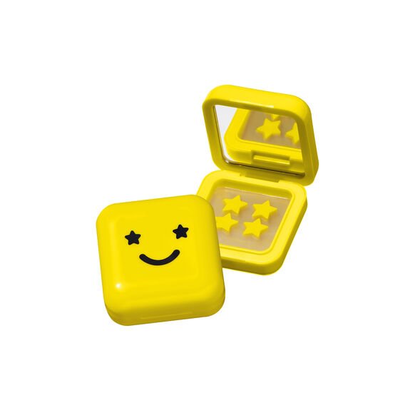 StarFace Hydrp Pimple Patches, yellow square container with a smiling face and a mirror inside, featuring star-shaped spot patches