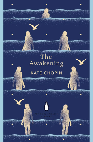 Cover of The Awakening by Kate Chopin, featuring a deep navy background with repeated gold-toned silhouettes of a woman walking through stylised ocean waves, dotted with small stars and seabirds. The minimalist, patterned design evokes the sea and solitude, reflecting the novel’s themes of self-discovery and a woman’s search for independence in the late 19th century.