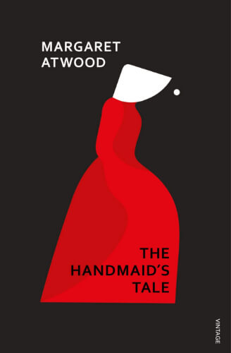 Book cover featuring a minimalist illustration of a handmaid in a red cloak and white bonnet against a black background. The dystopian novel explores themes of patriarchy, control, and women’s autonomy in a totalitarian society.