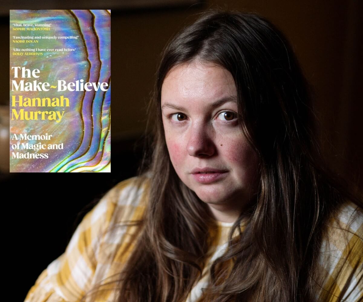 Hannah Murray, best known for playing Cassie in Skins, pictured alongside the cover of her memoir The Make-Believe: A Memoir of Magic and Madness. In the book, Murray discusses her bipolar disorder diagnosis, mental breakdown, decision to leave acting and experience joining a cult.