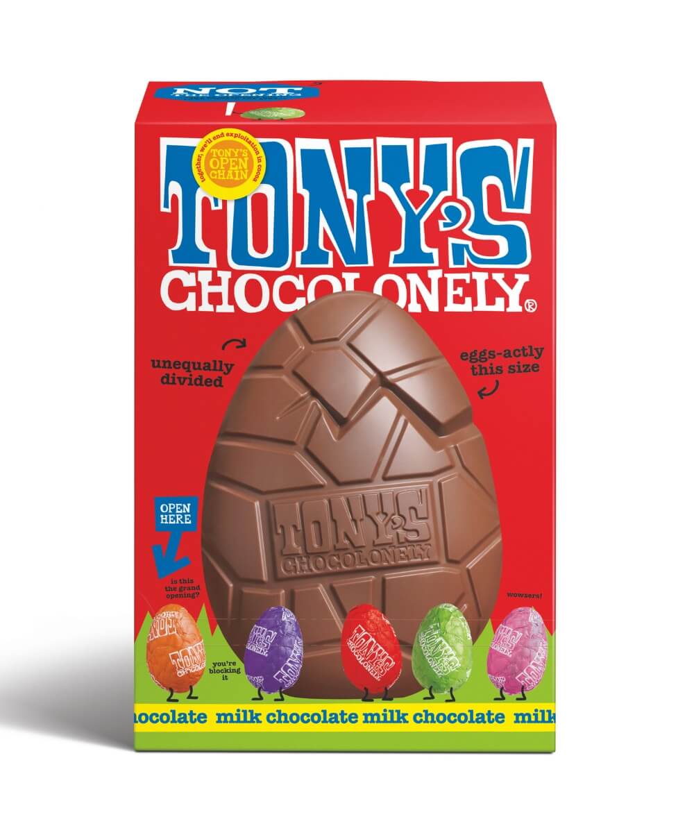 Tony’s Chocolonely palm oil-free large milk chocolate Easter egg in bright red box with uneven chocolate shell design and colourful mini eggs illustration