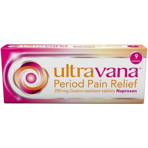 Box of Ultravana Period Pain Relief 250mg gastro-resistant tablets containing 9 tablets.