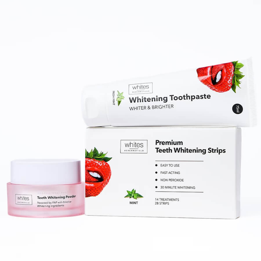 Whites Beaconsfield teeth whitening products including toothpaste, whitening strips, and powder in a clean layout