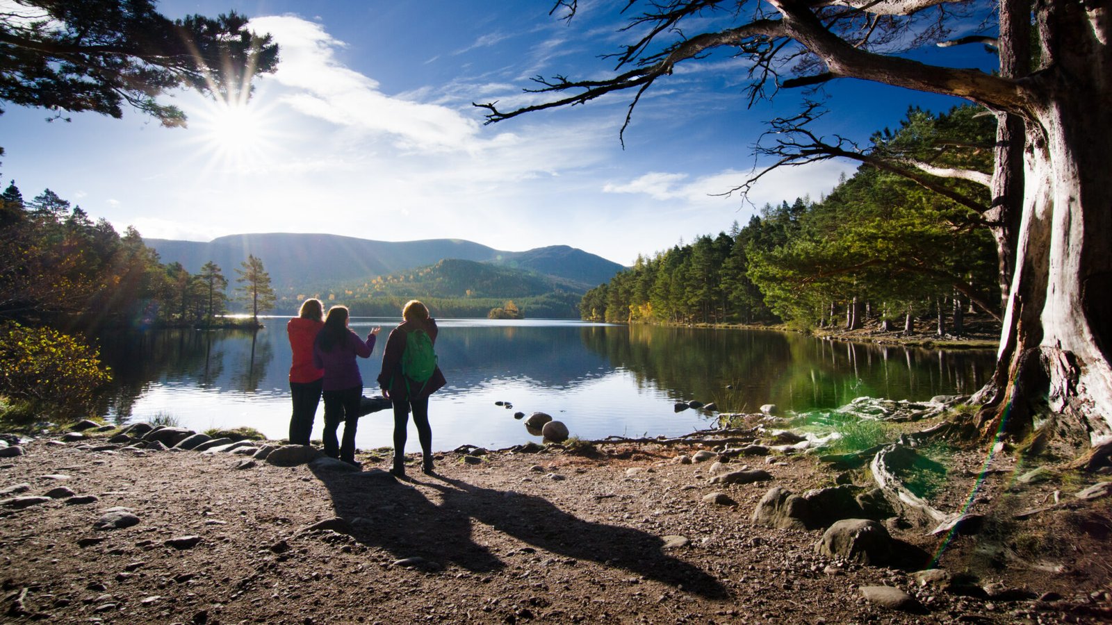 Women-only Wilderness Retreat, three women stand on a rocky shore overlooking a calm lake surrounded by a dense pine forest and distant mountains under a bright, sunny blue sky