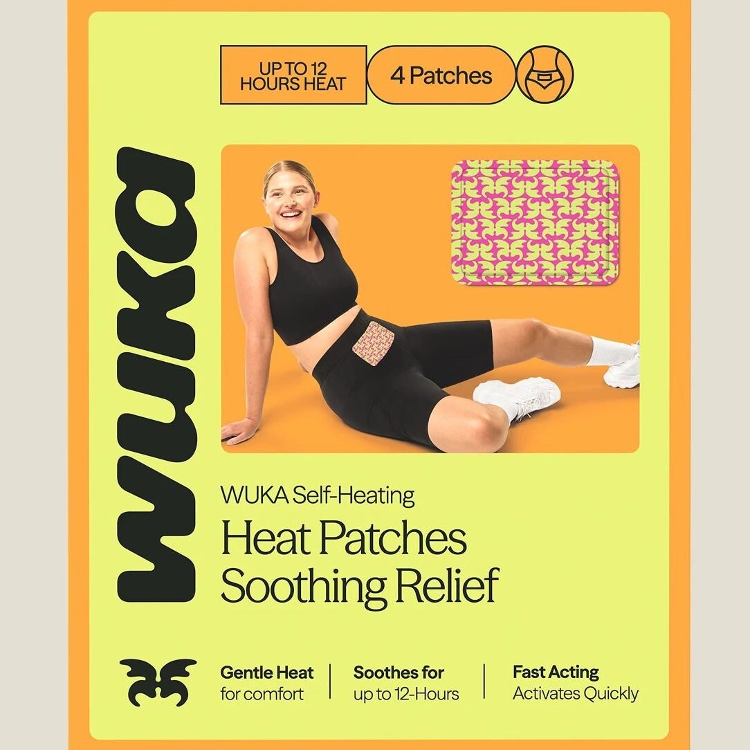 Box of WUKA Heat Patches containing four self-heating patches for period pain relief.